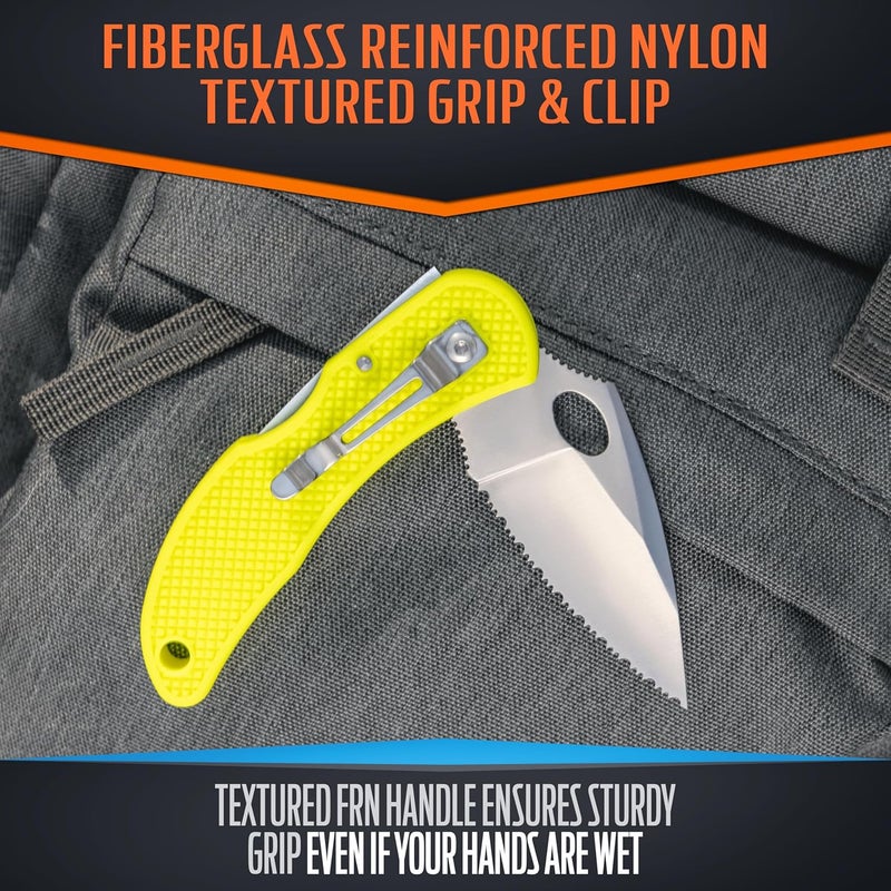 Maxam 3.3" Saltwater Knife - Rust-Proof German Stainless Steel Serrated Blade with Bright Yellow Handle, Reversible Pocket Clip, Lanyard Hole - Ideal for Salt & Fresh Water, Fishing Outdoor Use - Image 4